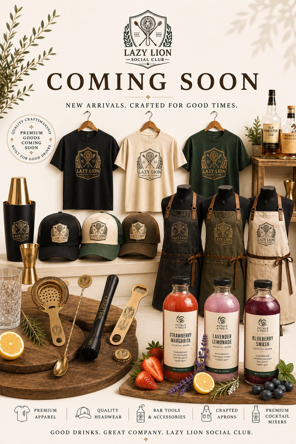 Lazy Lion Social Club — Coming Soon. Premium apparel, bar tools, aprons and cocktail mixers.