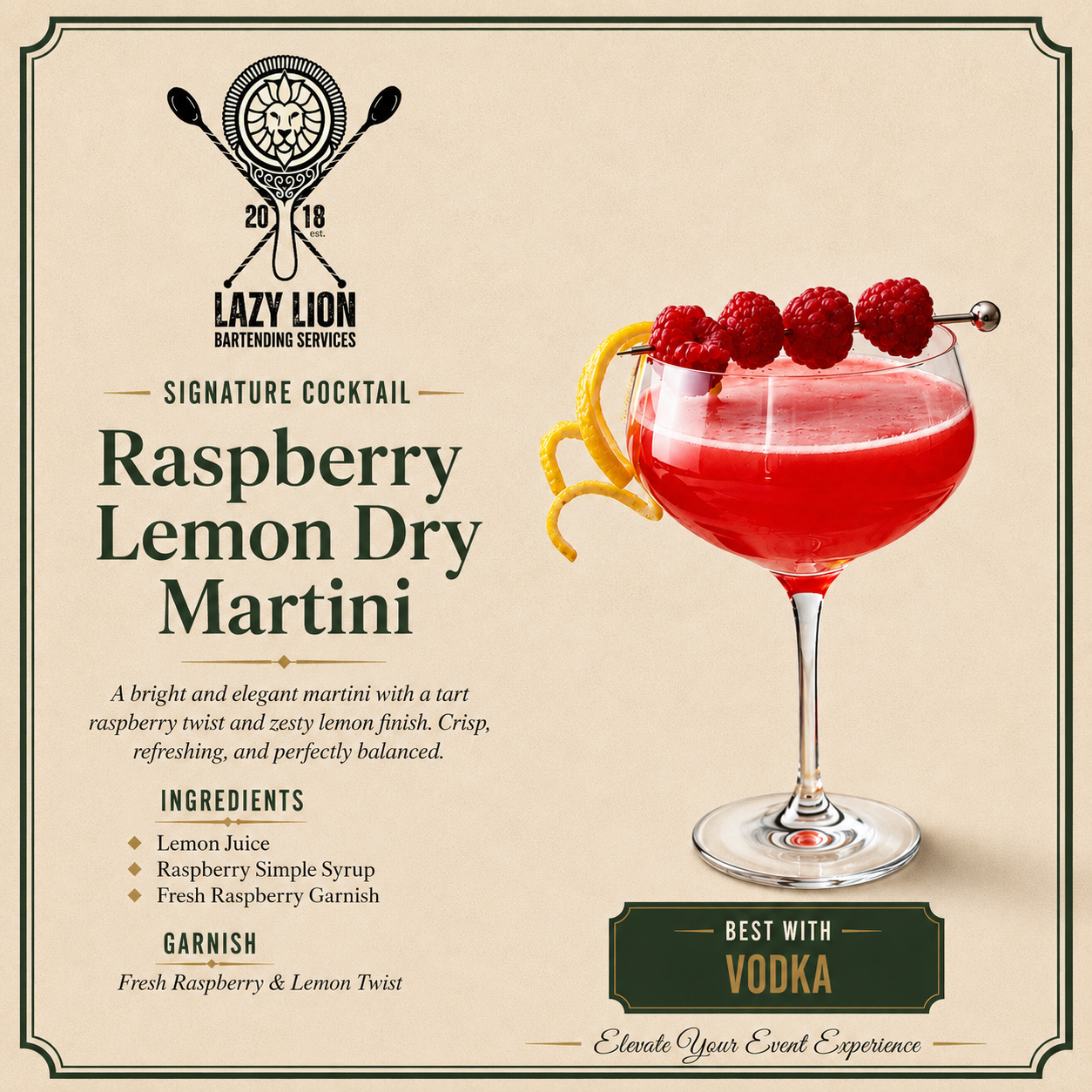 Raspberry Lemon Dry Martini Signature Cocktail