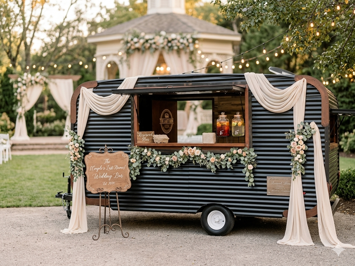 The Lazy Lion trailer bar decorated for a wedding